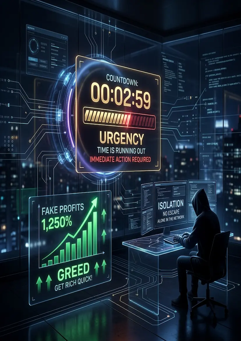 Three glowing symbols in the dark: a ticking clock for urgency, a graph for greed, and a single figure for isolation